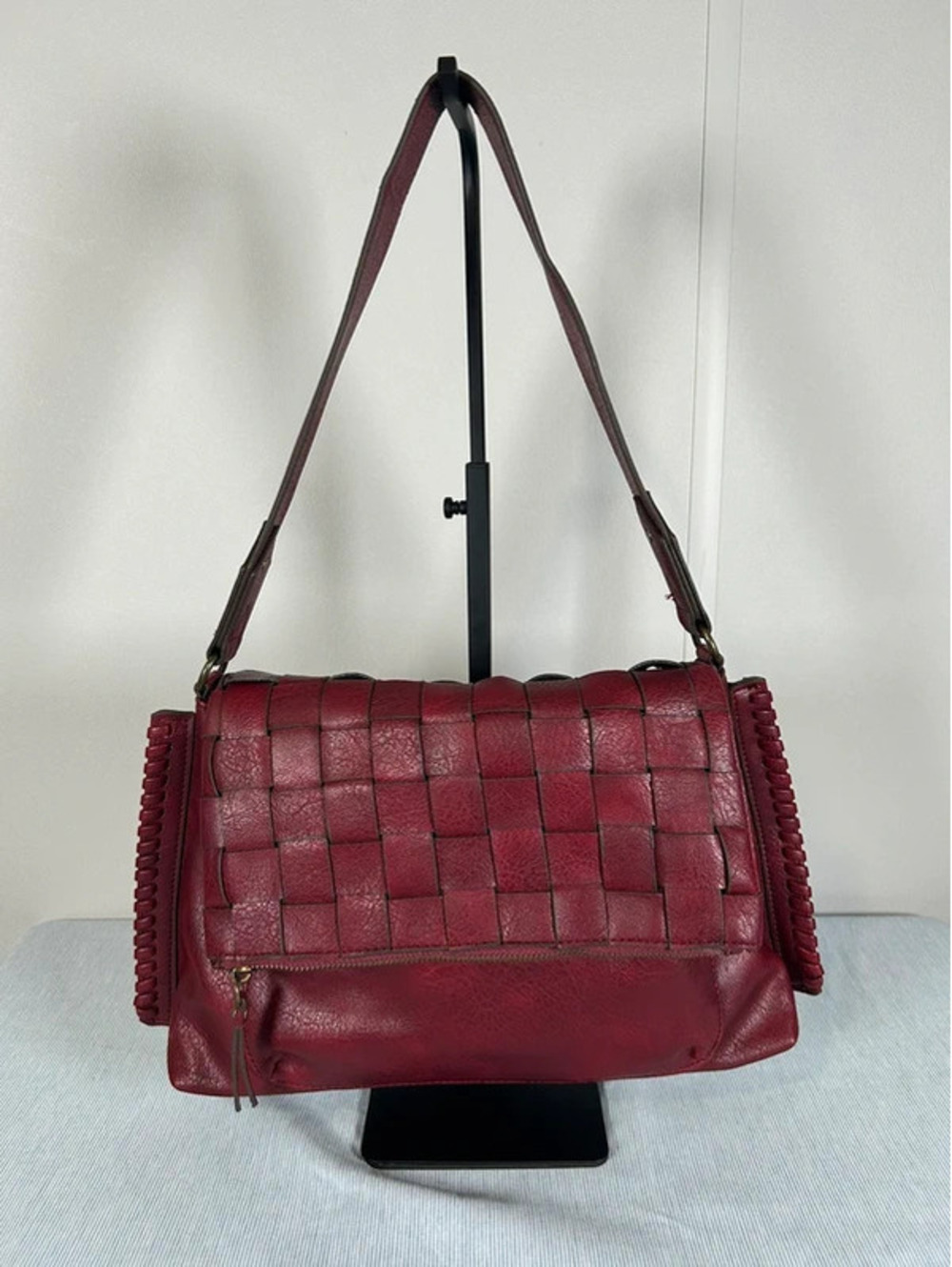 Red Burgundy Woven Faux Leather Convertible Crossbody Shoulder Bag